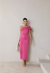 VESTIDO ESPANHA LONGUETE UM OMBRO COM CINTO - PINK