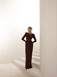 VESTIDO PARIS MANGA LONGA SAIA DRAPEADA - MARROM