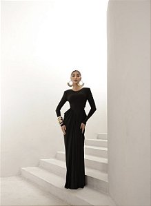 VESTIDO PARIS MANGA LONGA SAIA DRAPEADA - PRETO