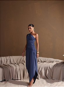 VESTIDO LONGO ASSIMÉTRICO BRUNA - AZUL JEANS