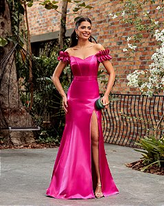 VESTIDO DE FESTA MANHATTAN OMBRO A OMBRO ZIBELINE GLOW - FÚCSIA
