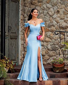 VESTIDO DE FESTA MANHATTAN OMBRO A OMBRO ZIBELINE GLOW - AZUL SERENITY