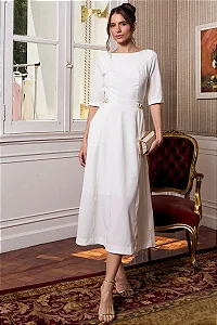 VESTIDO HEBE MIDI MANGA CURTA COM DETALHE METAL - OFF WHITE