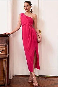 VESTIDO ARIADINE MIDI UM OMBRO COM FENDA - FÚCSIA