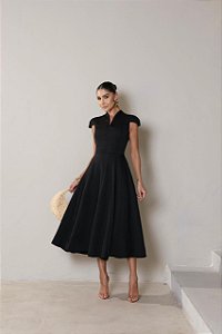 VESTIDO MIDI ADRIANA DETALHE GOLA - PRETO