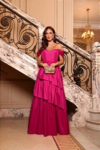 VESTIDO DE FESTA LIZ OMBRO A OMBRO - FÚCSIA