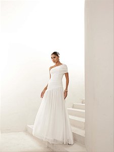 VESTIDO DE FESTA ALICE MICROTULE COM CAPA - OFF WHITE