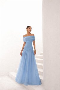 VESTIDO DE FESTA ALICE MICROTULE COM CAPA - AZUL SERENITY