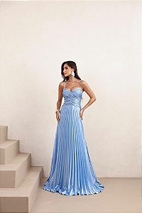 VESTIDO DE FESTA TANGARÁ PLISSADO - AZUL SERENITY