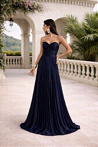 VESTIDO DE FESTA TANGARÁ PLISSADO - AZUL MARINHO