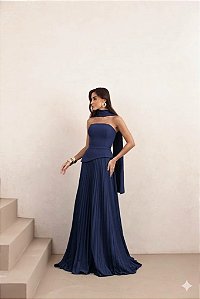 VESTIDO DE FESTA MAITÊ SAIA PLISSADA CHOKER - AZUL MARINHO