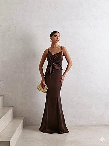 VESTIDO DE FESTA LONGO INGLATERRA FLOWERS - MARROM