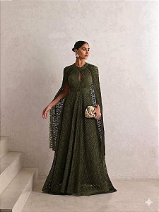VESTIDO DE FESTA ANGRA RENDA COM CAPA REMOVÍVEL - VERDE OLIVA