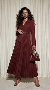 VESTIDO CÁSSIA ALFAIATARIA PLISSADO FINESSE - MARSALA