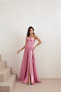 VESTIDO DE FESTA GLAMOUR COM CAPA CREPE ACETINADO - ROSA BEBÊ