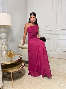 VESTIDO DE FESTA ALICIA UM OMBRO PLISSADO - FÚCSIA