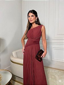 VESTIDO DE FESTA ALICIA UM OMBRO PLISSADO - MARSALA