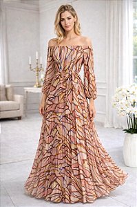 VESTIDO LONGO ESTAMPADO OMBRO A OMBRO SAIA PLISSADA - ROSÉ