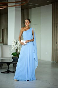 VESTIDO DE FESTA LONGO VALENTINA CAPA PLISSADA UM OMBRO - AZUL SERENITY