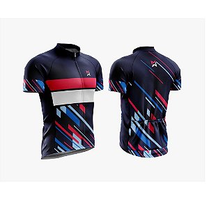 Camisa de Ciclismo - MTB AZUL FAIXA VERMELHA ZÍPER PARCIAL