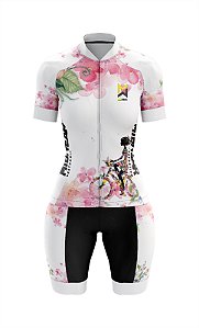 Macaquinho de Ciclismo Feminino Floral Branco Mtbwear Manga Curta/Longa