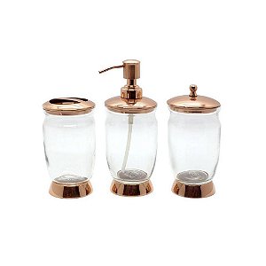 KIT LAVABO VIDRO E INOX COBREADO POTES PARA ALGODÃO AROMA SABONETE