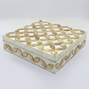 CAIXA EM MADEIRA EM MADREPÉROLA DESIGN FOLHAS 20x20x5cm