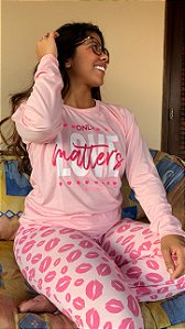 Pijama Feminino Inverno Rosa Estampa de Beijos