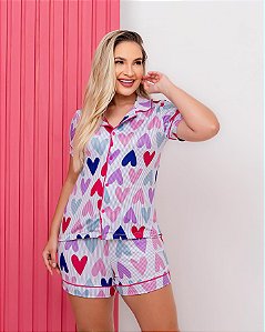 Pijama Americano Feminino Curto Corações