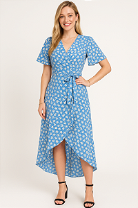 Vestido longo traspassado estampado