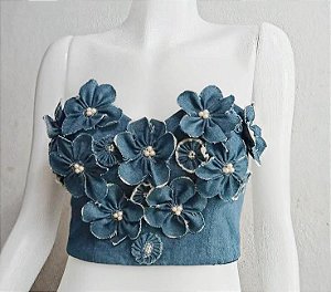 Cropped tomara que caia - Jeans Floral