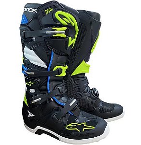 BOTA ALPINESTARS TECH 7 PRETO AZUL AMARELO FLUO 10  EAN  8059347051048