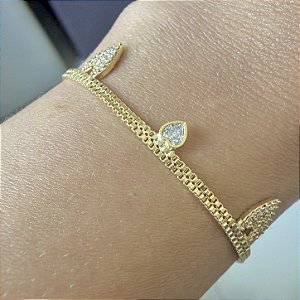 Pulseira Malha Fita com Coração e Zirconia