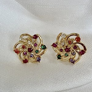 Brinco Flora - Brinco Flor com Zircônias Coloridas