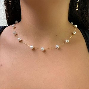 Colar Essência - Malha cartier com Pérolas barrocas 8mm