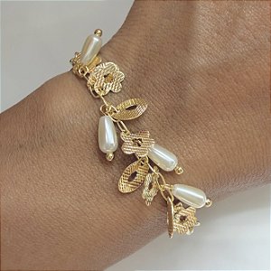 Pulseira Lúmina - Malha Cadeado com Pingentes e Pérolas