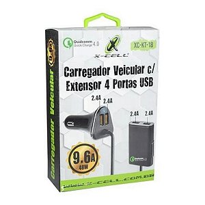 Carregador Veicular Turbo c/ Extensor 4 Portas USB - X-Cell