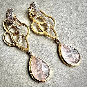 Brinco longo Quartzo Rosa ouro