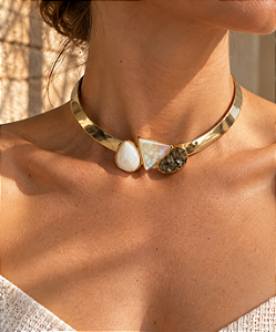 Colar Choker Labradorita, Opala do Mar e Porcelana Perolada