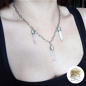 Choker com pontas de pedras bruta quartzo Cristal. aço inoxidável. PROMO