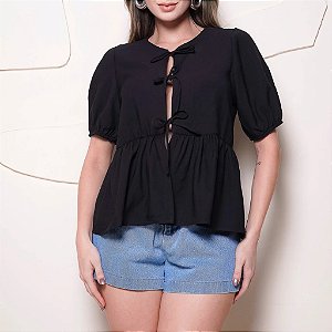 Blusa Bata Feminina Peplum Crepe Duna Amarração Frontal Laço