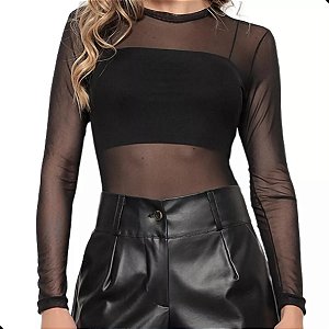 Body Feminino Tule Transparente Manga Longa Gola Redonda