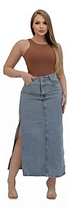 Saia Jeans Longa Midi Feminina Cintura Alta Com Fenda