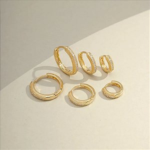 Trio De Brincos Argolas Finas Cravejadas Banho Ouro 18k