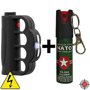 Kit Defesa Pessoal Soco Taser + Chaveiro Mini Spray de Defesa AMERICAN NATO CS-GAS 20ml
