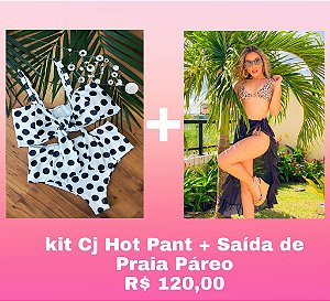 KIT Biquíni Hot Pant Poá + Saída Pareô Preto