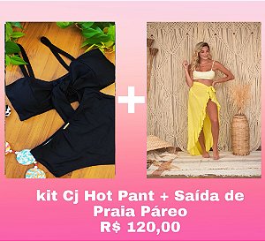 KIT Biquíni Hot Pant Preto + Saída Pareô Amarelo