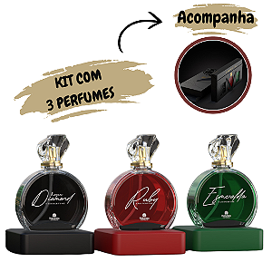 Kit 3 Perfumes Capilar (Diamond + Esmeralda + Ruby) - Acompanha 1 Caixa Box de Perfumes