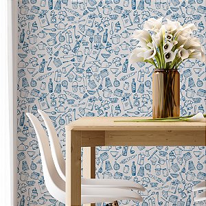 Papel de Parede Adesivo Vinil Lavável Cozinha Utensilios Alimentos Azul Desenho