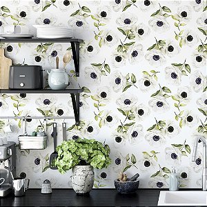 Papel de Parede Adesivo Vinil Floral Papoulas Branco Vintage Cozinha Sala